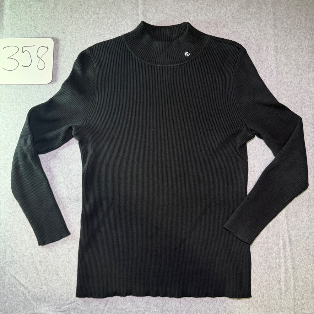 Lauren Ralph Lauren Black Ribbed Mock Neck Cotton Sweater 1X LRL Logo